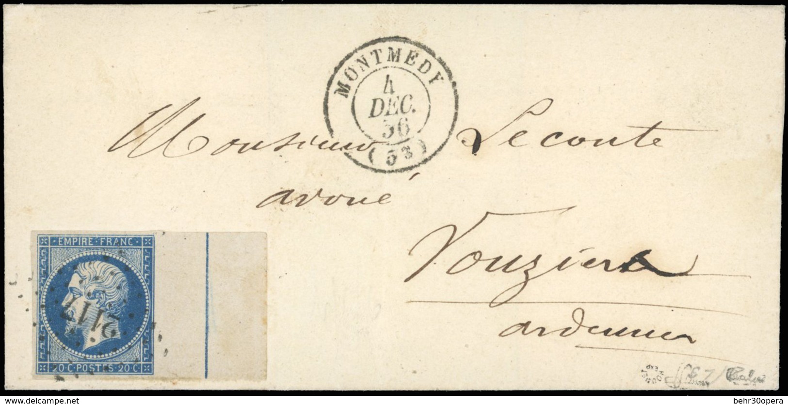 O N°14A - 20c. Bleu, BdeF Avec Filet D'encadrement, Obl. PC 2117 S/lettre Frappée Du CàD De MONTMEDY Du 4 Décembre 1856  - 1853-1860 Napoléon III.