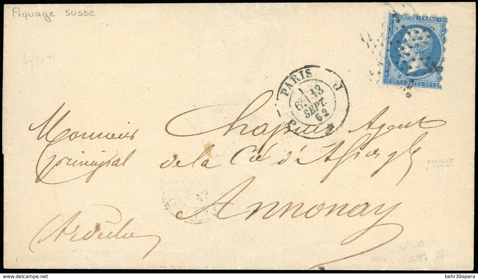 O N°14B - 20c. Bleu, Type II, Piquage Susse, Obl. étoile S/lettre Frappée Dus CàD De PARIS * J Du 13 Septembre 1862 à De - 1853-1860 Napoléon III