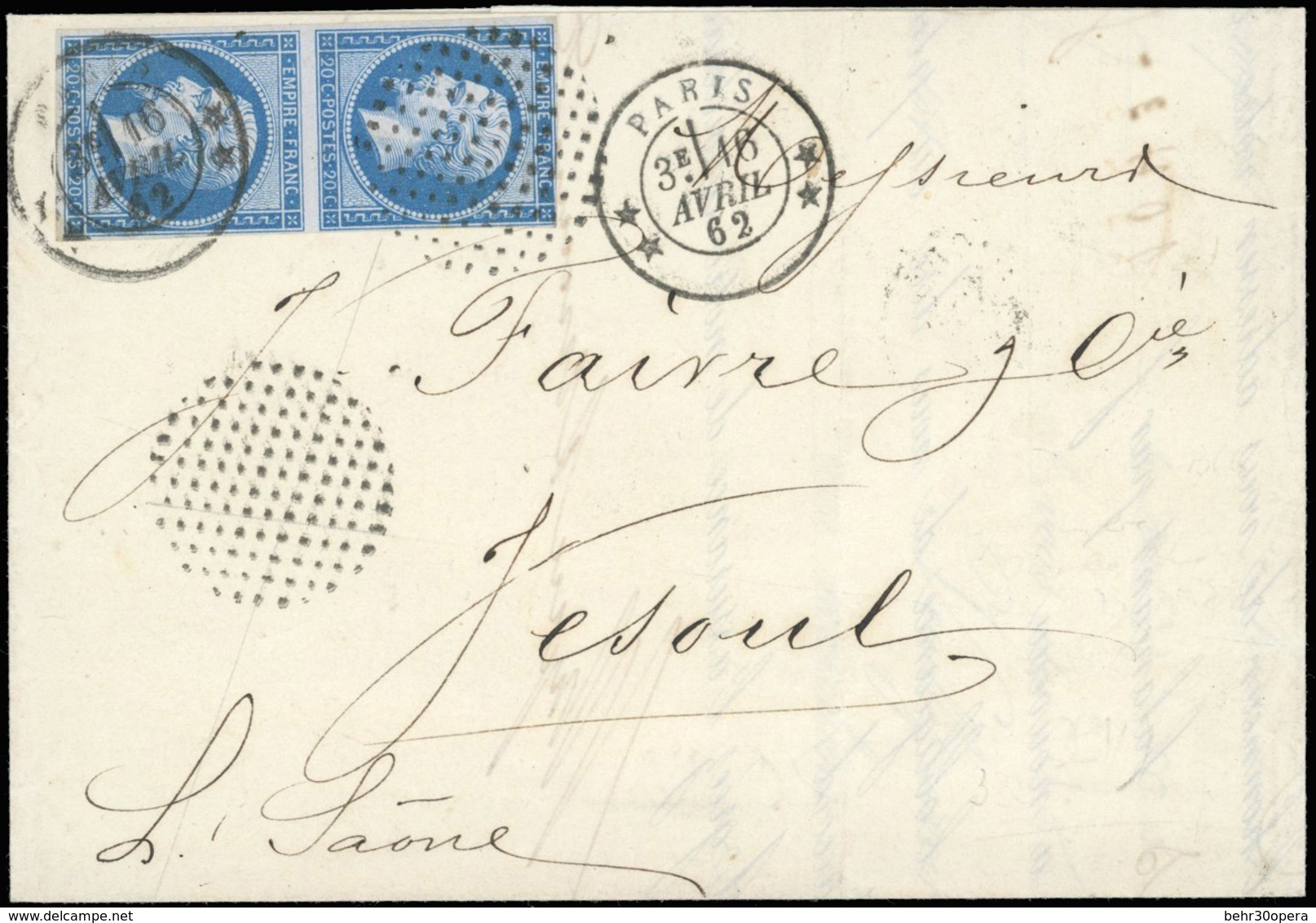 O N°14 - Paire Verticale Du 20c. Bleu Obl. Cachet Cercle De Points Et CàD S/lettre Frappée Du CàD De ** PARIS ** Du 16 A - 1853-1860 Napoléon III.