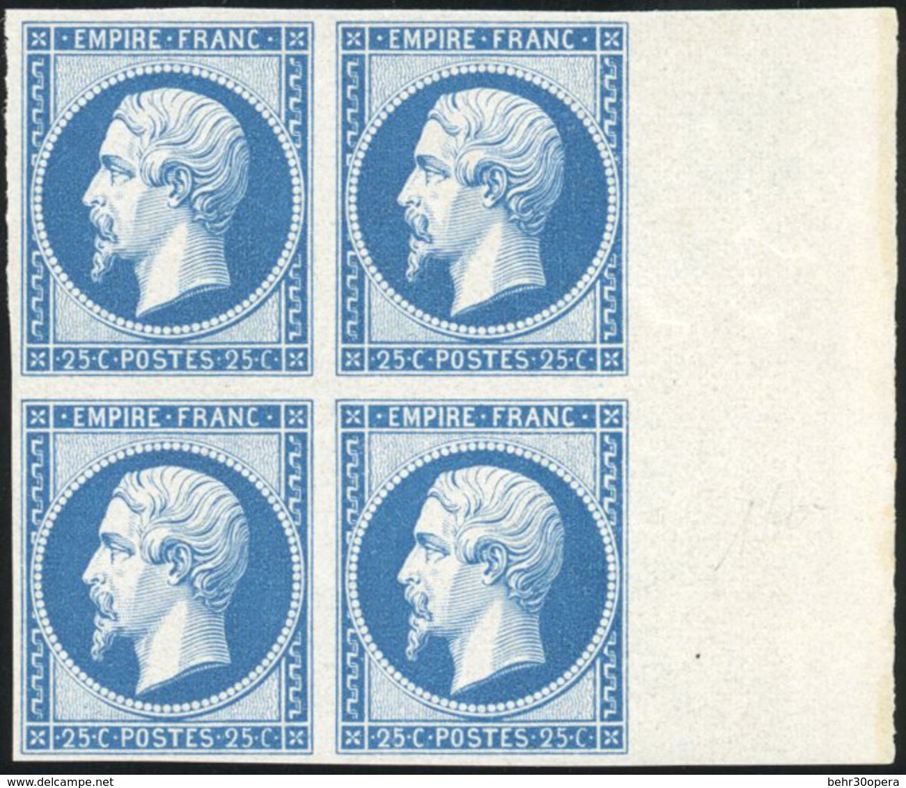 ** N°15c - 25c. Bleu. Réimpression 1862. Bloc De 4. 1 Timbre Avec Charnière. BdeF. SUP. - 1853-1860 Napoleon III