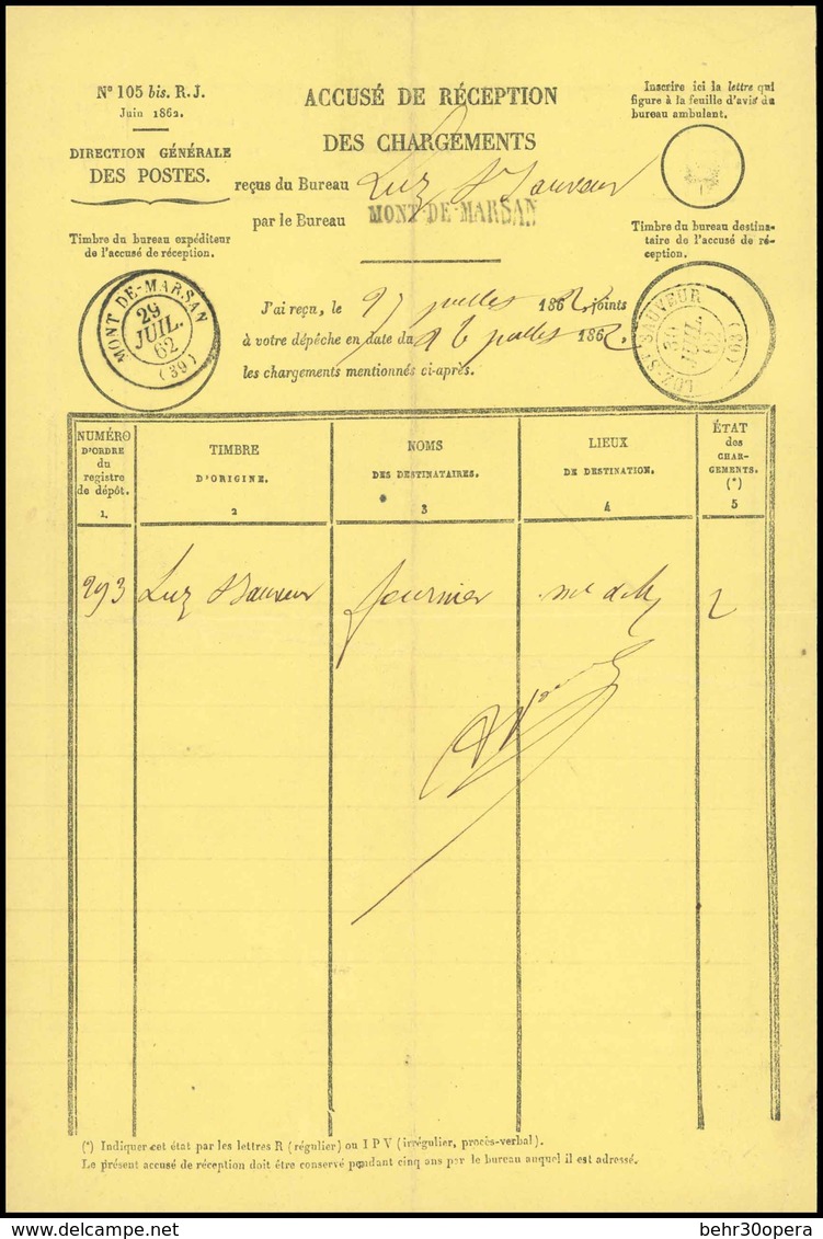 O Accusé De Reception Des Chargements, Reçu Par Le Bureau De LUZ ST-SAUVEUR Avec CàD Du 30 Juillet 1862 Par Le Bureau De - 1862 Napoléon III