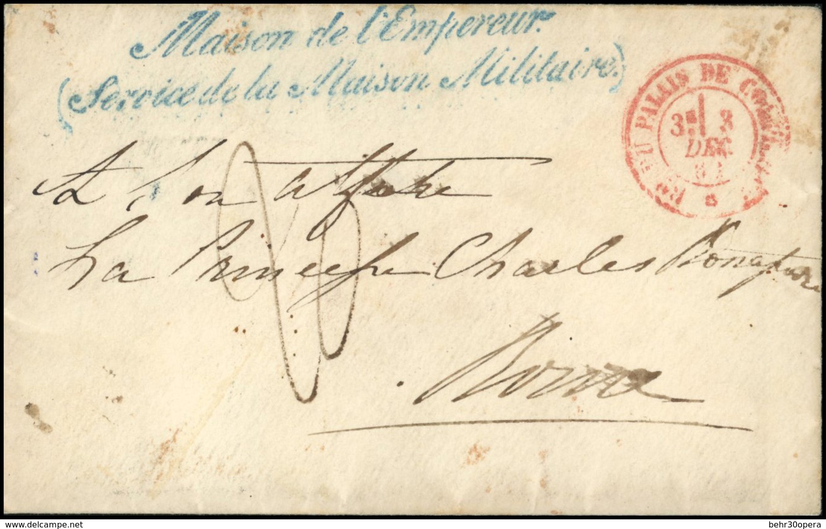 O Lettre Taxée à 20d. Frappée De La Griffe Bleue MAISON DE L'EMPEREUR (Service De La Maison Militaire) Et Du CàD Rouge B - 1862 Napoléon III.