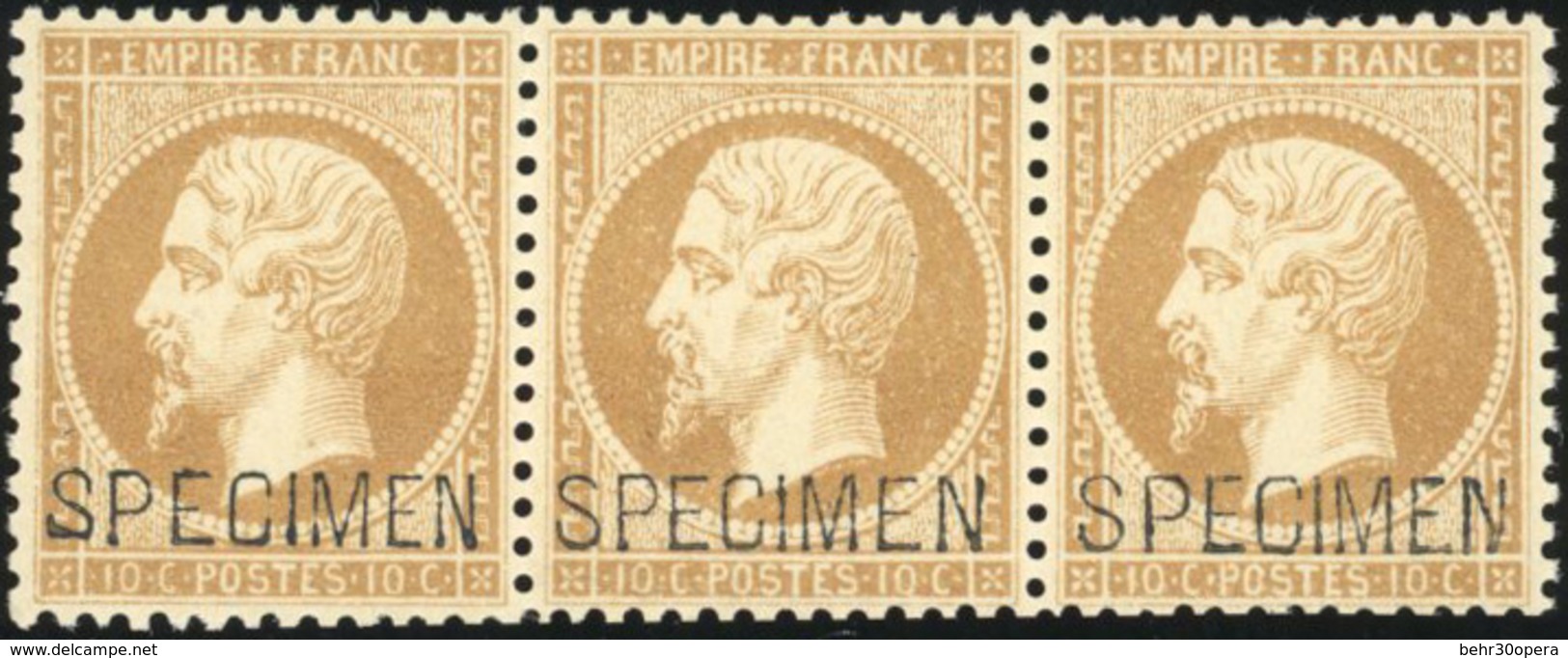 ** N°21c - 10c. Bistre Foncé. Bande De 3. Surcharge ''SPECIMEN'' Avec Les 3 Types De Surcharge. SUP. - 1862 Napoleon III