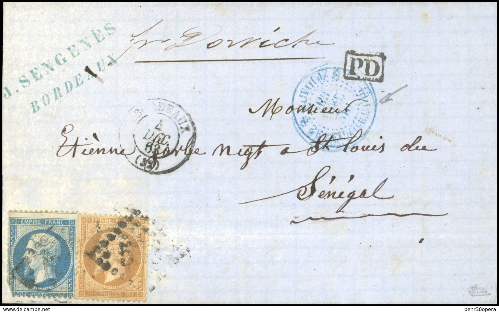O N°2122 - 10c. Bistre + 20c. Bleu Obl. GC 532 S/lettre Frappée Du CàD De BORDEAUX Du 4 Décembre 1863 à Destination De S - 1862 Napoléon III