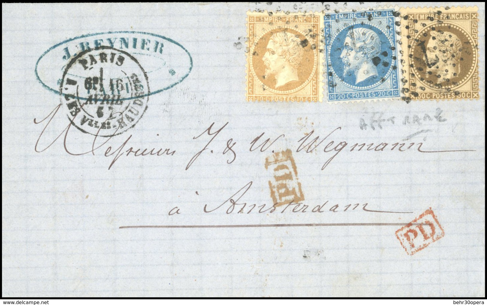 O N°2152 - 10c. Bistre + 20c. Bleu + 30c. Brun Obl. étoile S/lettre Frappée Du CàD De PARIS Du 16 Avril 1857 à Destinati - 1862 Napoleon III