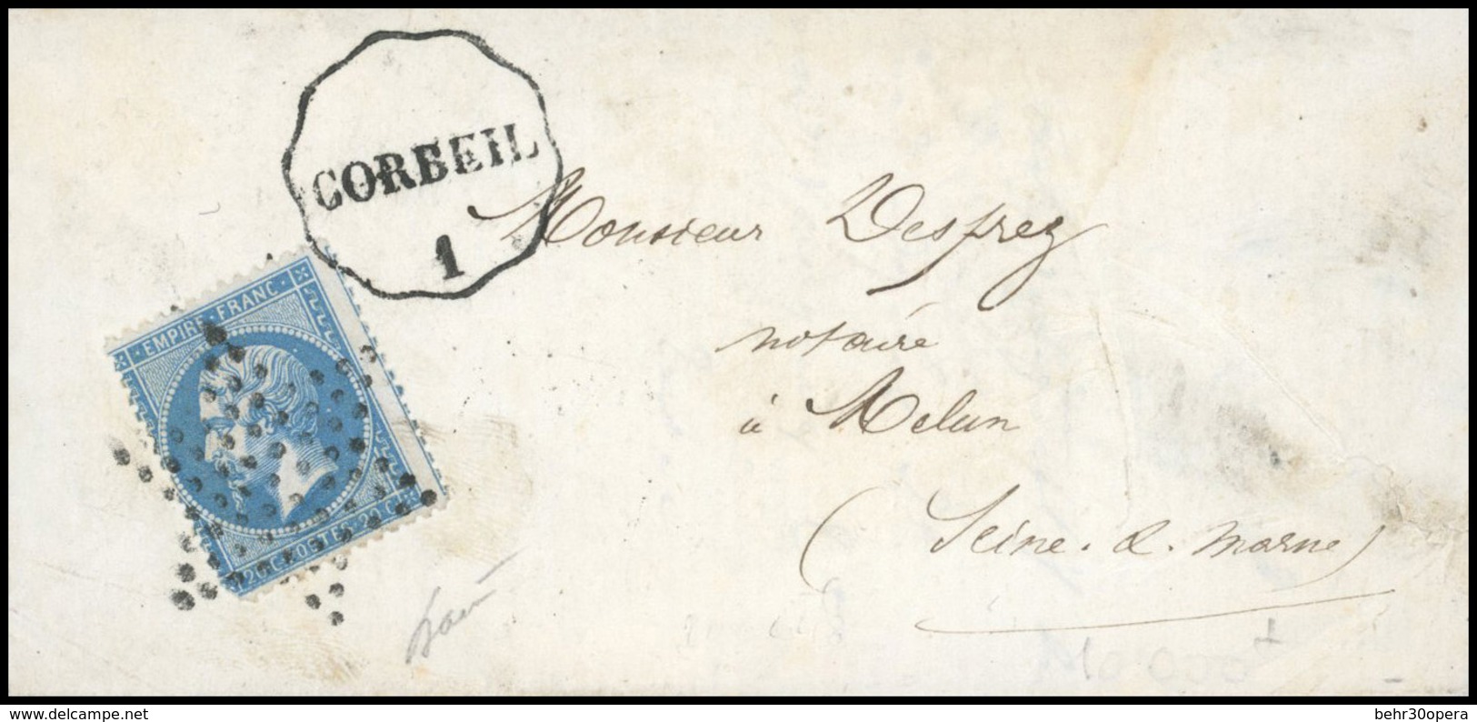 O N°22 - 20c. Bleu Obl. étoile S/lettre Frappée Du Cachet Ondulé, LIGNE PARIS A MAISSE, ''CORBEIL 1'' à Destination De M - 1862 Napoléon III.