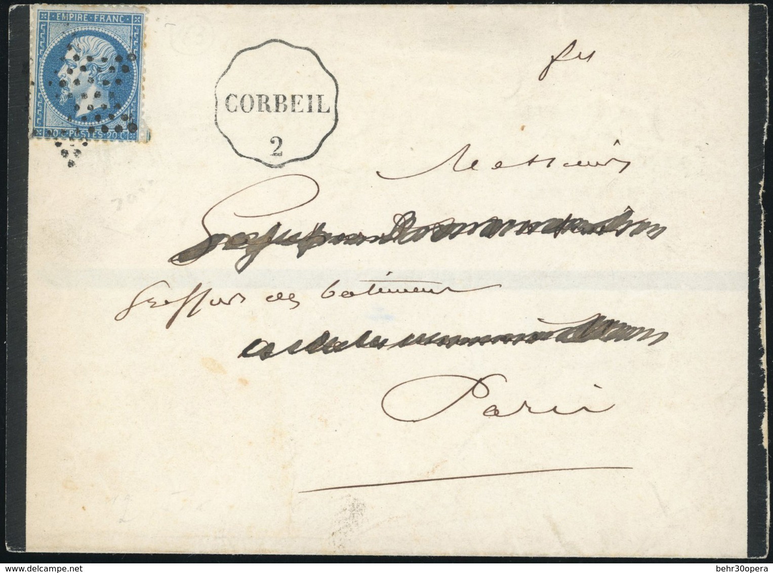 O N°22 - 20c. Bleu Obl. étoile S/lettre Frappée Du Cachet Ondulé, LIGNE PARIS A MAISSE, CORBEIL 2 à Destination De PARIS - 1862 Napoléon III