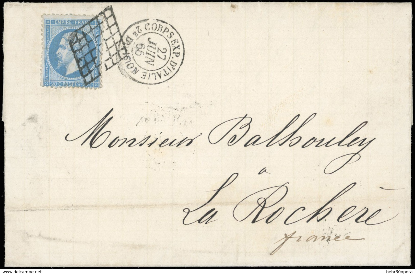 O N°22 - 20c. Bleu Obl. Grille S/lettre Manuscrite De ROME Le 26 Juin 1866, Frappée Du Cachet ''CORPS EXP. D'ITALIE - 2E - 1862 Napoléon III