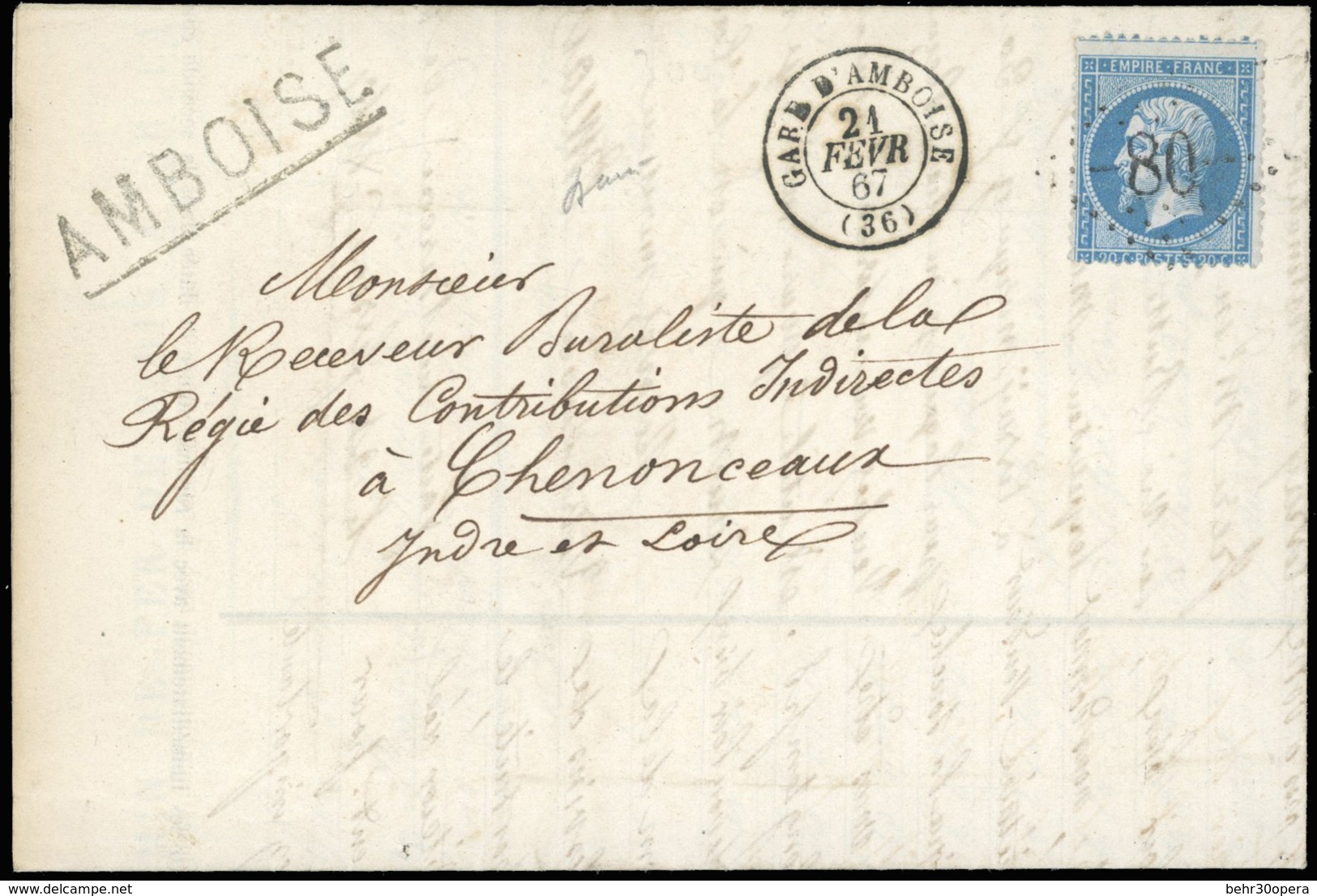 O N°22 - 20c. Bleu Obl. GC 80 S/lettre Frappée De La Griffe ''AMBOISE'' Et Du Cachet GARE D'AMBOISE Du 21 Février 1867 à - 1862 Napoléon III