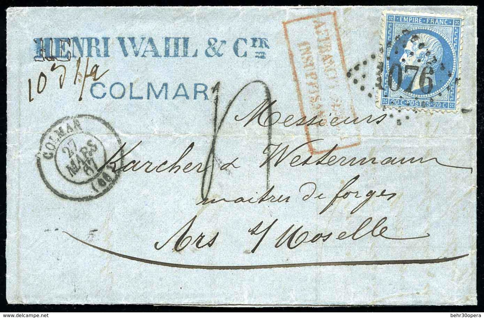 O N°22 - 20c. Bleu Obl. GC 1076 S/lettre Taxée Frappée Du CàD De COLMAR Du 27 Mars 1867et Du Cachet Rouge ''AFFRANCHISSE - 1862 Napoléon III