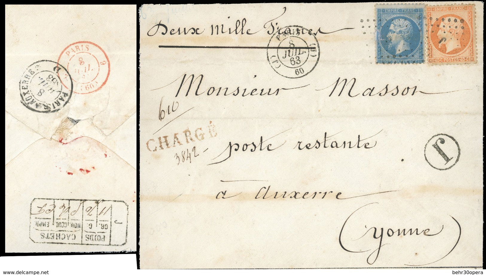 O N°2223 - 20c. Bleu + 40c. Orange Obl. ''J'' S/lettre Chargée à 200Francs, Frappée Du CàD De PARIS (60) Du 8 Juillet 18 - 1862 Napoléon III.