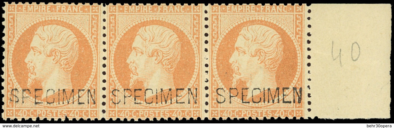 * N°23d - 40c. Orange Surch. ''SPECIMEN''. Les 3 Types Se Tenant Dans Bande De 3. BdeF. SUP. - 1862 Napoléon III.