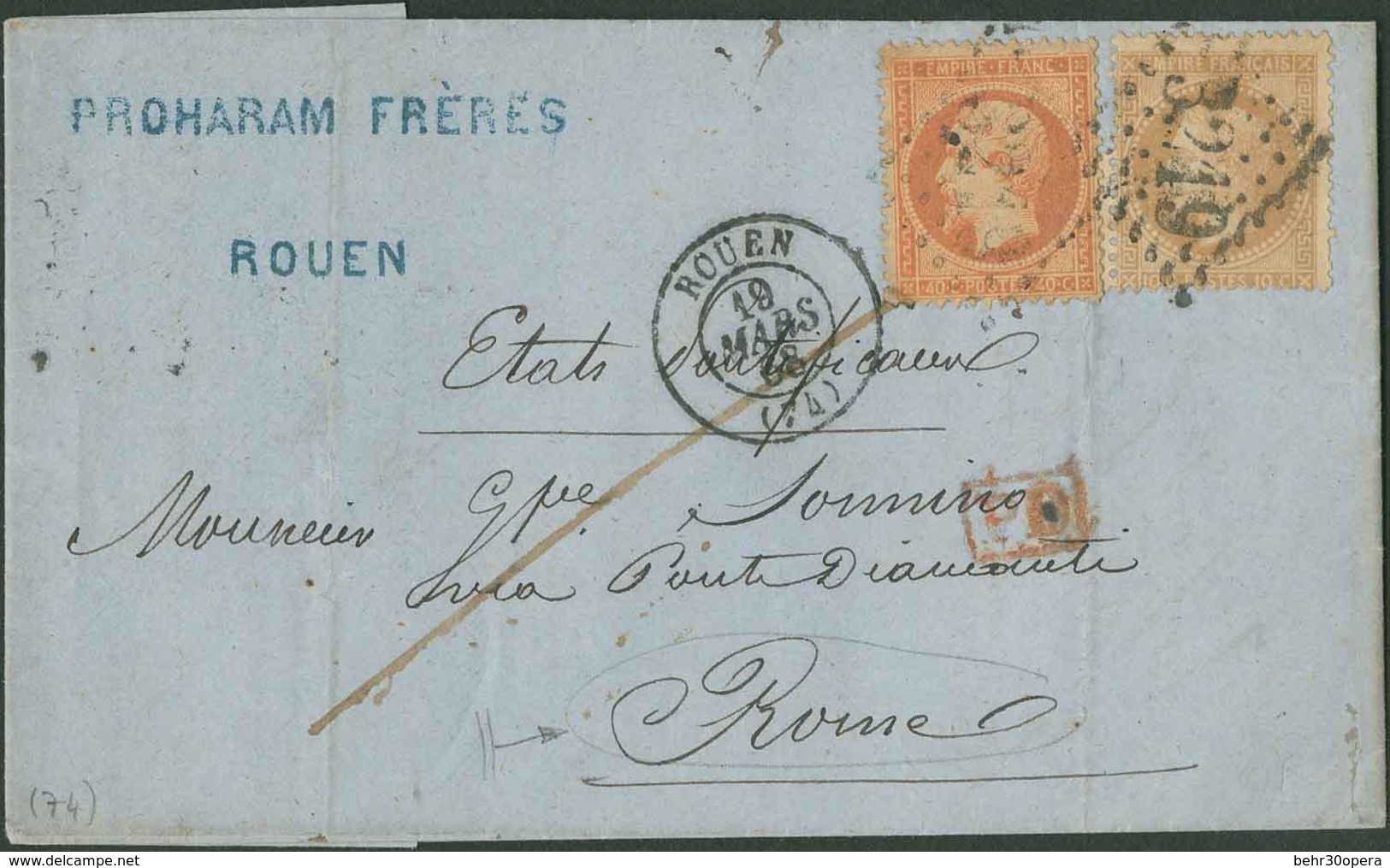 O N°2328 - 10c. Lauré + 40c. Empire. Obl. GC 3219 S/lettre Frappée Du CàD De ROUEN Du 19 Mars 1868 à Destination De ROME - 1862 Napoléon III.
