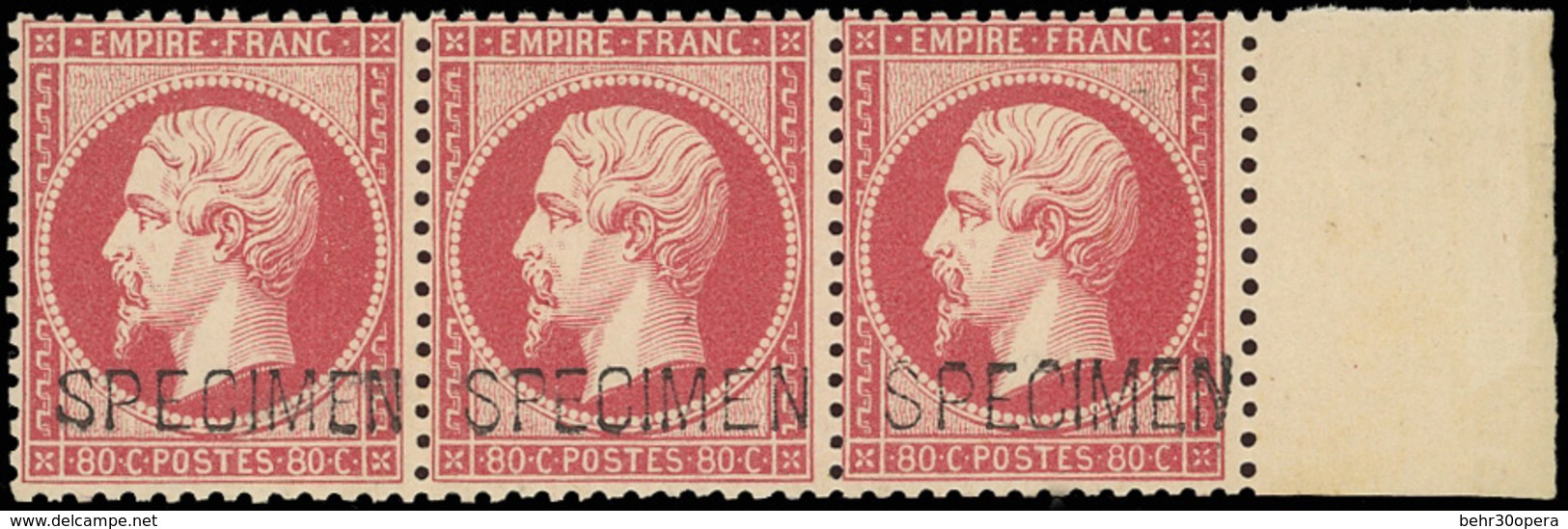 * N°24d - 80c. Rose Surch. ''SPECIMEN''. Les 3 Types Se Tenant Dans Bande De 3. BdeF. SUP. - 1862 Napoléon III