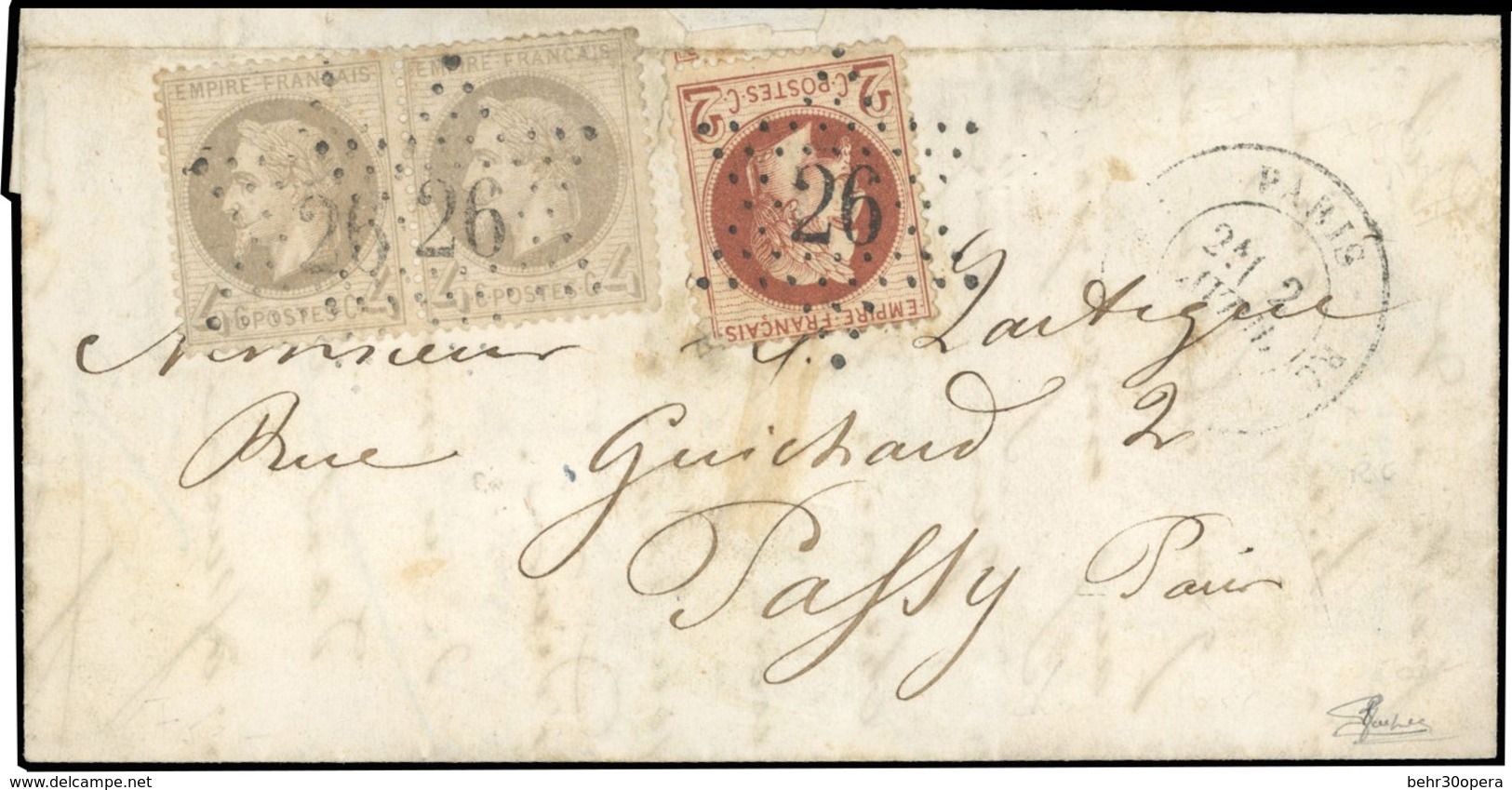 O N°26B + 27 X 2 - 2c. Rouge-brun + Paire 4c. Gris. Obl. étoile ''26'' S/lettre Frappée Du CàD De PARIS - RC Du 2 Avril  - 1863-1870 Napoléon III Con Laureles