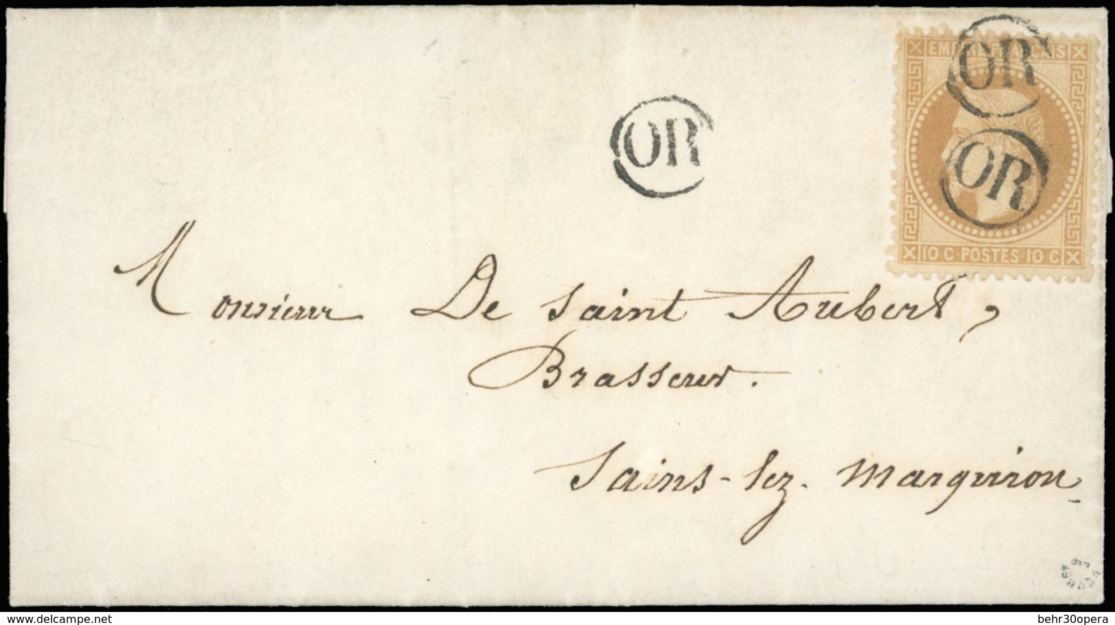 O N°28A - 10c. Bistre, Type I, Obl. Cachet ''OR'' S/lettre à Destination De SAINS-LES-MARQUION - PAS-DE-CALAIS. TB. - 1863-1870 Napoléon III Lauré