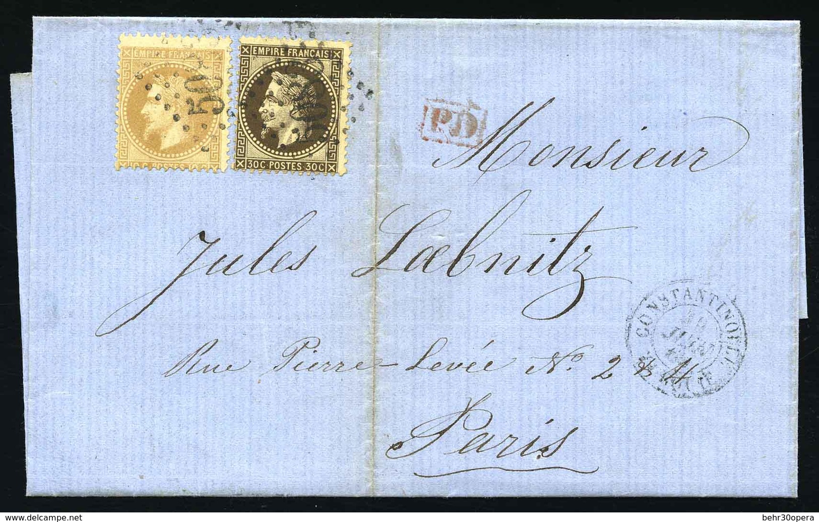 O N°28A + 30 - 10c. + 30c. Laurés Obl. GC 5083 S/lettre Frappée Du CàD De CONSTANTINOPLE Du 30 Juin 1870 à Destination D - 1863-1870 Napoléon III Con Laureles