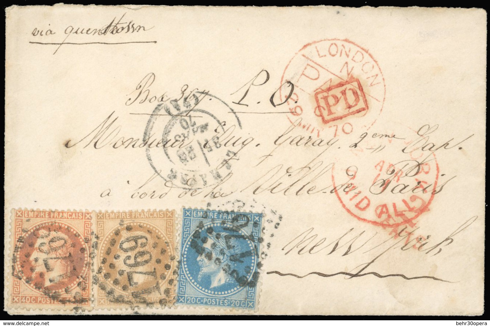 O N°28B+ 29 + 31 - 10c. + 20c. + 40c. Obl. GC 1769 Sur Lettre Frappée Du CàD De LE HAVRE Du 28 MARS 1870 à Destination D - 1863-1870 Napoléon III Con Laureles