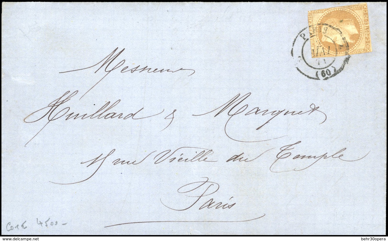 O N°28 - 10c. Bistre, Dent Coupés, Obl. S/lettre Frappée Du CàD De PARIS (60) Du 2 Mai 1871, Durant La Commune, à Destin - 1863-1870 Napoléon III Con Laureles