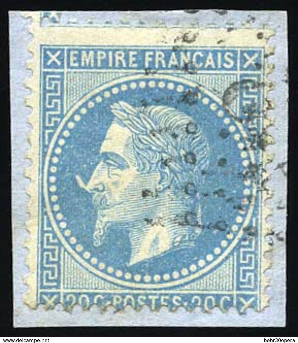 O N°29Bb - 20c. Bleu. Variété à La Corne Obl. S/fragment. TB. - 1863-1870 Napoléon III Lauré