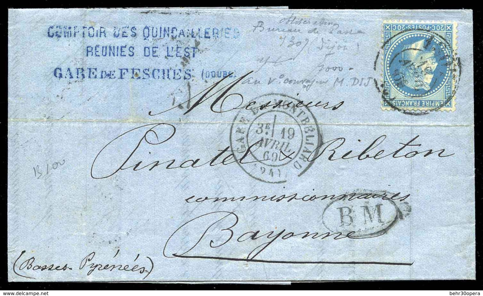 O N°29B - 20c. Bleu Obl. Du Cachet ''1307'' Du Bureau De Passe De DIJON, Du 19 Avril 1869 En Noir, S/lettre Frappée Du C - 1863-1870 Napoléon III Lauré