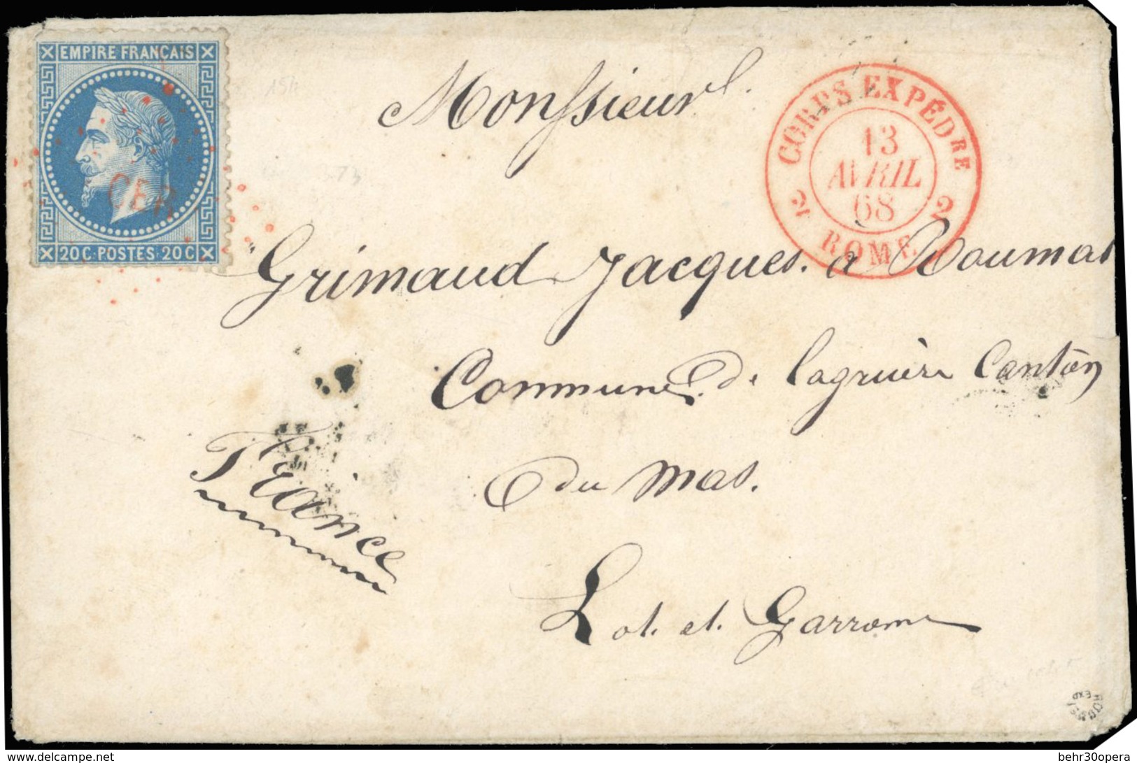 O N°29 - 20c. Bleu Obl. Losange Rouge ''CER'' S/lettre Frappée Du Cachet Rouge CORPS EXPD. ROME Du 13 Avril 1868 à Desti - 1863-1870 Napoléon III. Laure