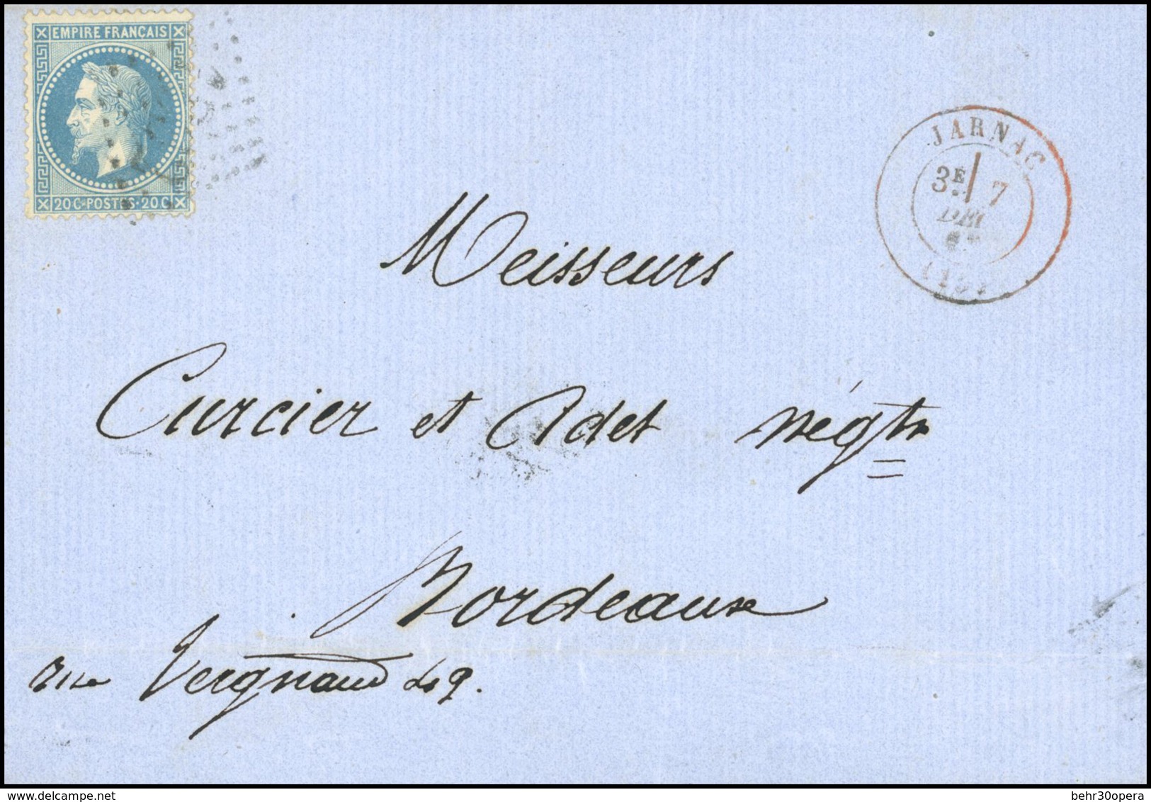 O N°29 - 20c. Bleu Obl. GC 1862 S/lettre Frappée Du CàD De JARNAC Du 7 Décembre 1869 à Destination De BORDEAUX. Arrivée  - 1863-1870 Napoléon III Lauré