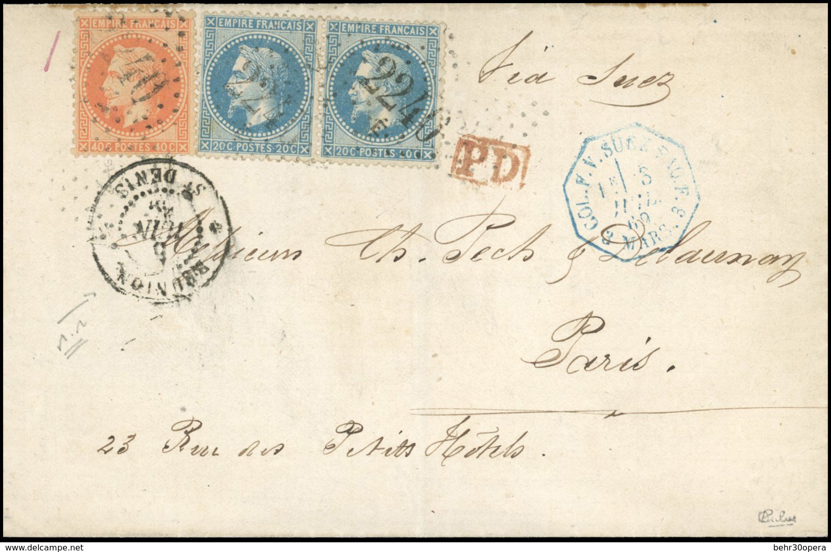 O N°29x2+31 - Paire Du 20c. Bleu + 40c. Orange Obl. Ancre S/lettre Frappée Du CàD De ST-DENIS - REUNION Du 5 Juin 1869 à - 1863-1870 Napoléon III Lauré