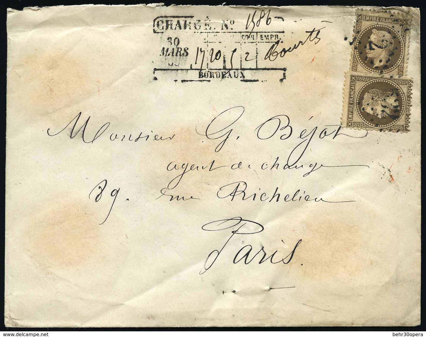 O N°30x 2 - 30c. Brun X 2 Obl. GC 532 S/lettre Avec Griffe De Chargement Complète En Noire De BORDEAUX Du 30 Mars 1868 à - 1863-1870 Napoléon III Lauré