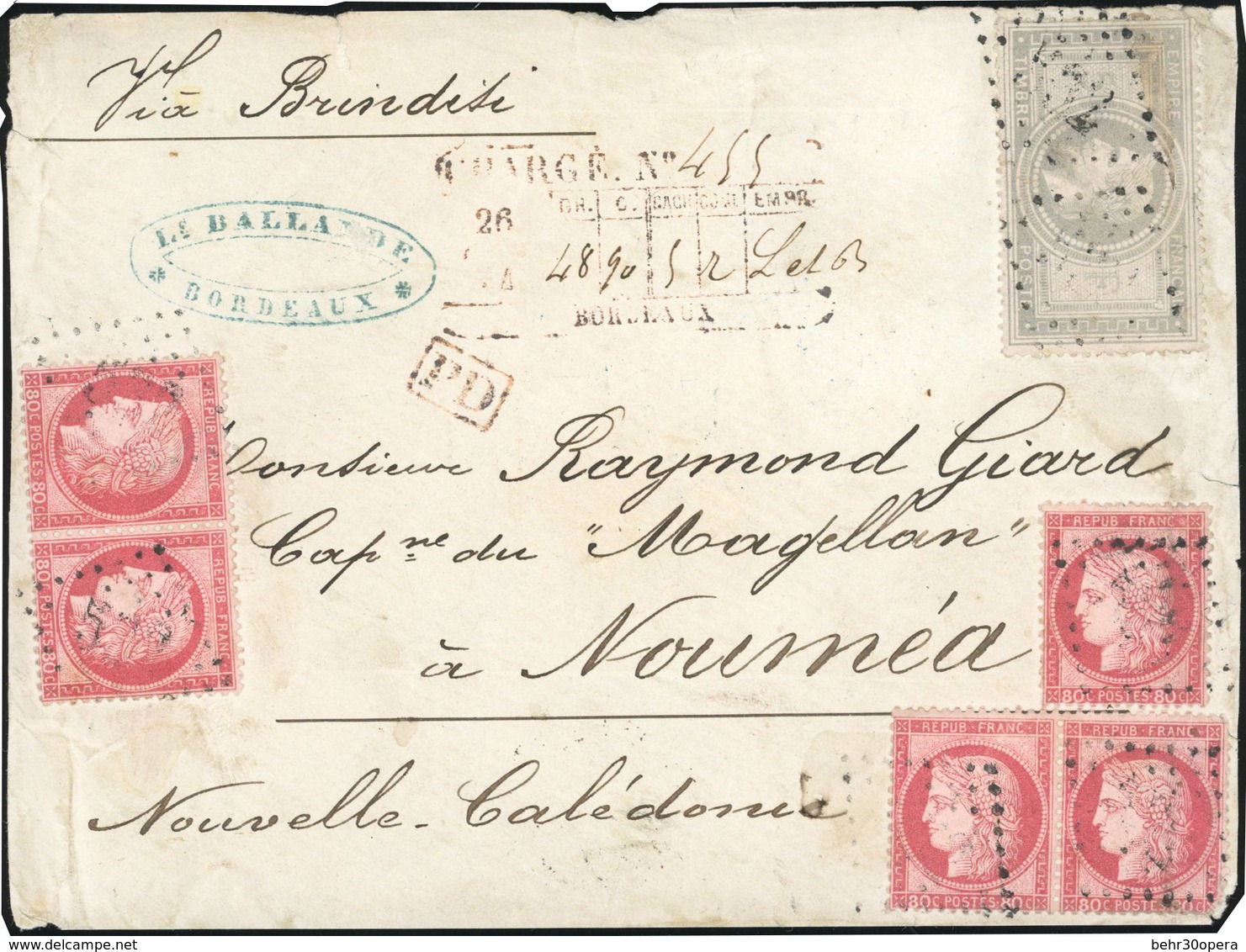 O N°33+ 32 X 5 - 5 X 80c. + 5F. De L'Empire S/devant De Lettre Chargée Avec Griffe De Chargement De BORDEAUX Du 26 -- 18 - 1863-1870 Napoleon III Gelauwerd