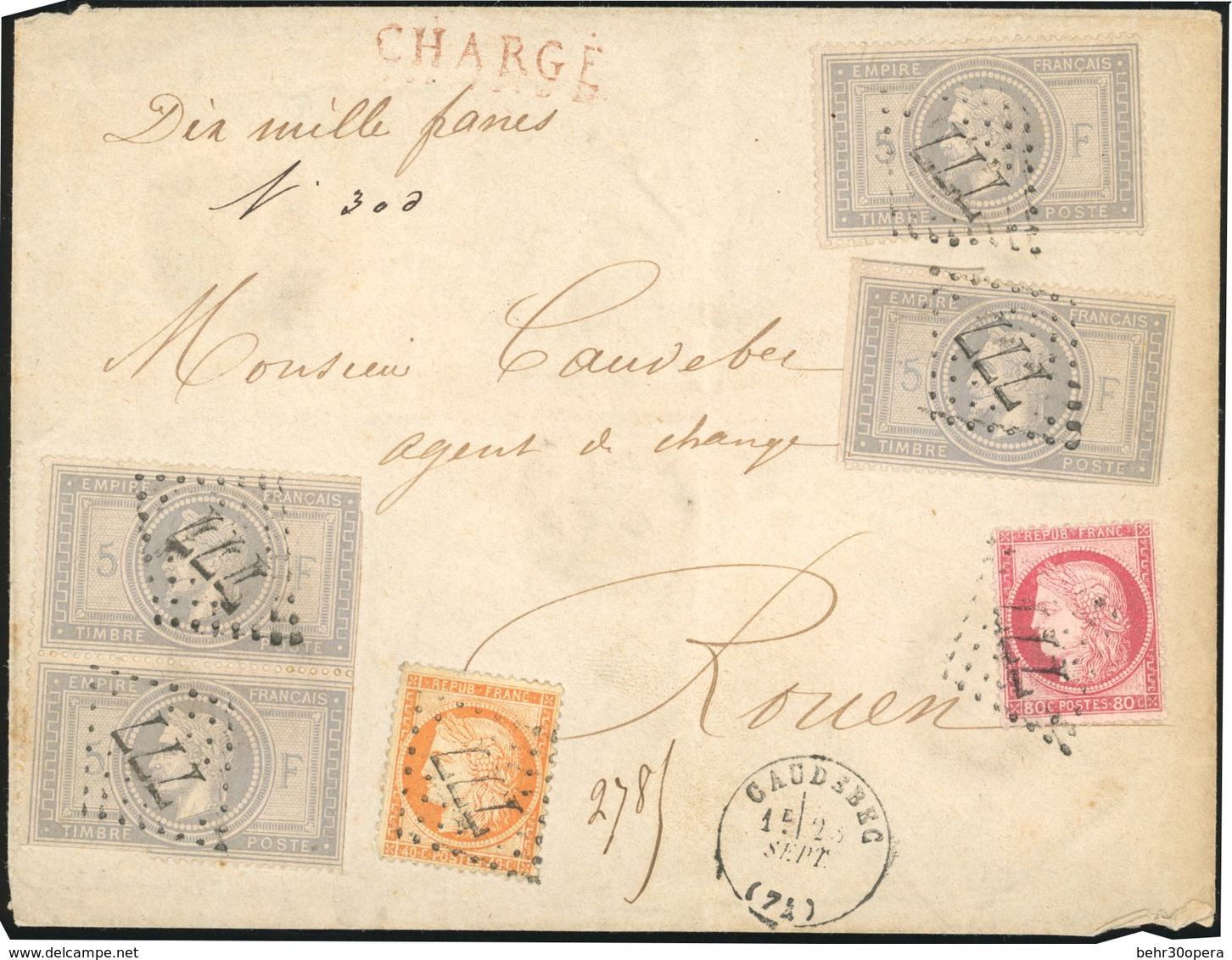 O N°33x4 + 38 + 57 - 5F. Empire X 4 (déf.) + 40c. Orange + 80c. Rose Obl. GC 777 S/lettre Chargée Frappée Du CàD De CAUD - 1863-1870 Napoléon III. Laure