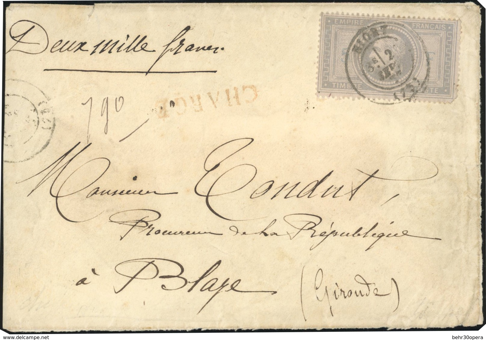 O N°33A - 5F. De L'Empire Violet-gris Avec ''5'' Et ''F'' En Bleu. Obl. S/lettre Portant Le Cachet à Date De NIORT Du 20 - 1863-1870 Napoléon III Lauré