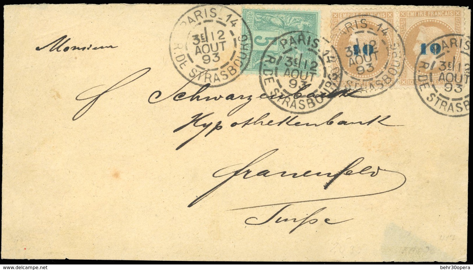 O N°34 - Paire Du 10 S/10c. Lauré + 5c. Sage Obl. S/lettre Frappée Du CàD De PARIS - R. DE STRASBOURG Du 2 Août 1893 à D - 1863-1870 Napoleon III With Laurels
