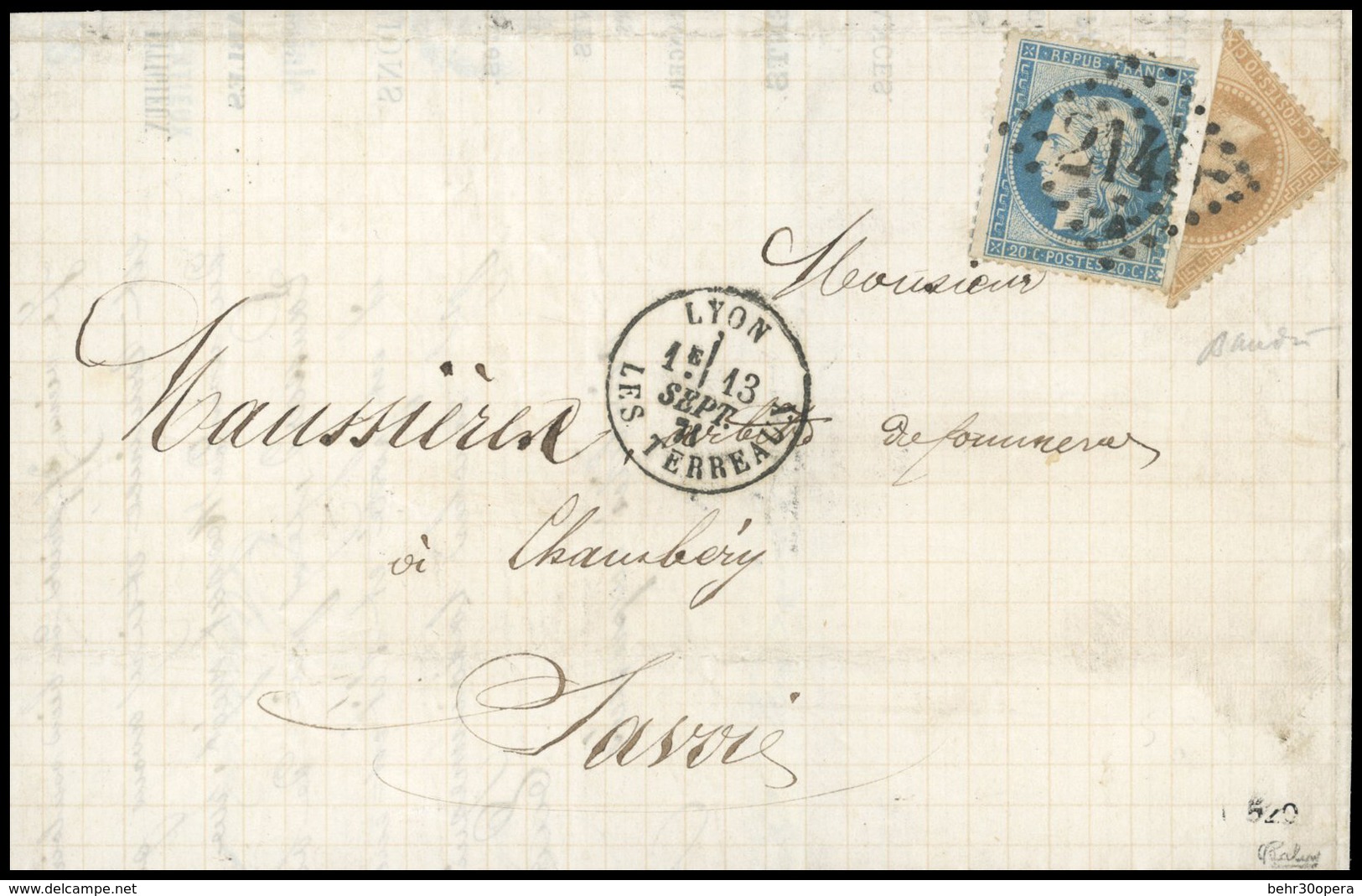 O N°3637 - Coupé Du 10c. + 20c. Bleu Obl. GC 2145 S/lettre Frappée Du CàD De LYON LES TERREAUX Du 13 Septembre 1871 à De - 1870 Siège De Paris