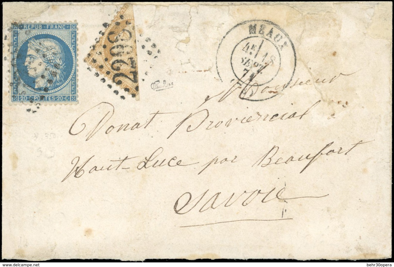 O N°3637 - 10c. Bistre Coupé + 20c. Bleu Obl. Sur Lettre Complète Reforcée Frappée Du CàD De MEAUX Du 18 SEPTEMBRE 1871  - 1870 Siège De Paris