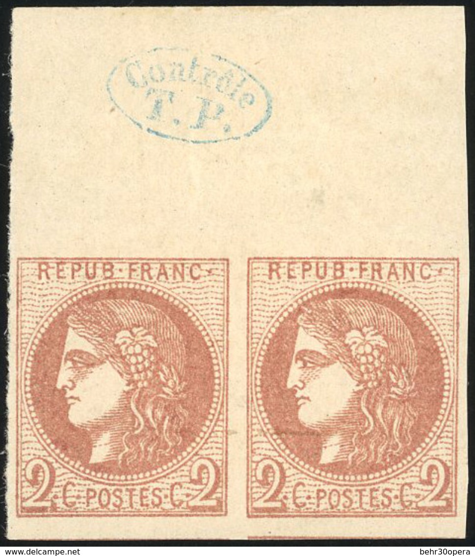 ** N°40B - 2c. Brun-rouge. Paire. Grand BdeF Avec Cachet De Contrôle TP. TB. - 1870 Bordeaux Printing