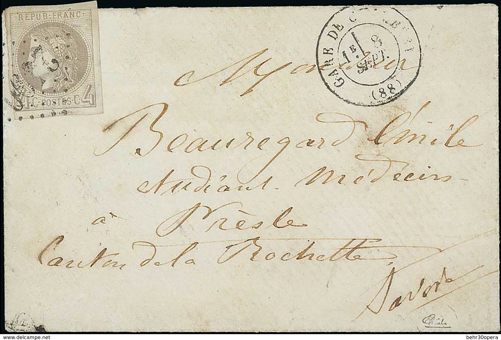 O N°41B - 4c. Gris. Report II. Obl. GC ''2490'' S/lettre Frappée Du CàD De La Gare De CHAMBERY à Destination De PRESLE - - 1870 Emisión De Bordeaux