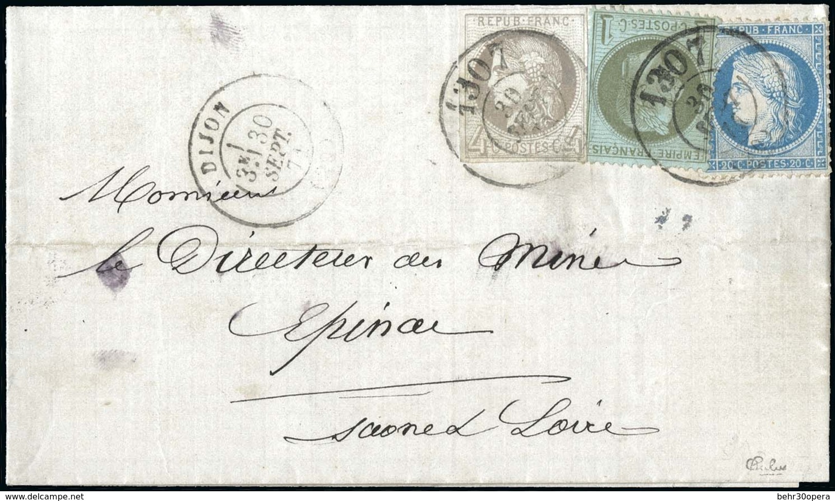 O N°41B+25+37 - 4c. Bordeaux + 1c. Lauré + 20c. Siège S/lettre Obl. Frappée Du CàD De DIJON De 30 Septembre 1871 à Desti - 1870 Emission De Bordeaux