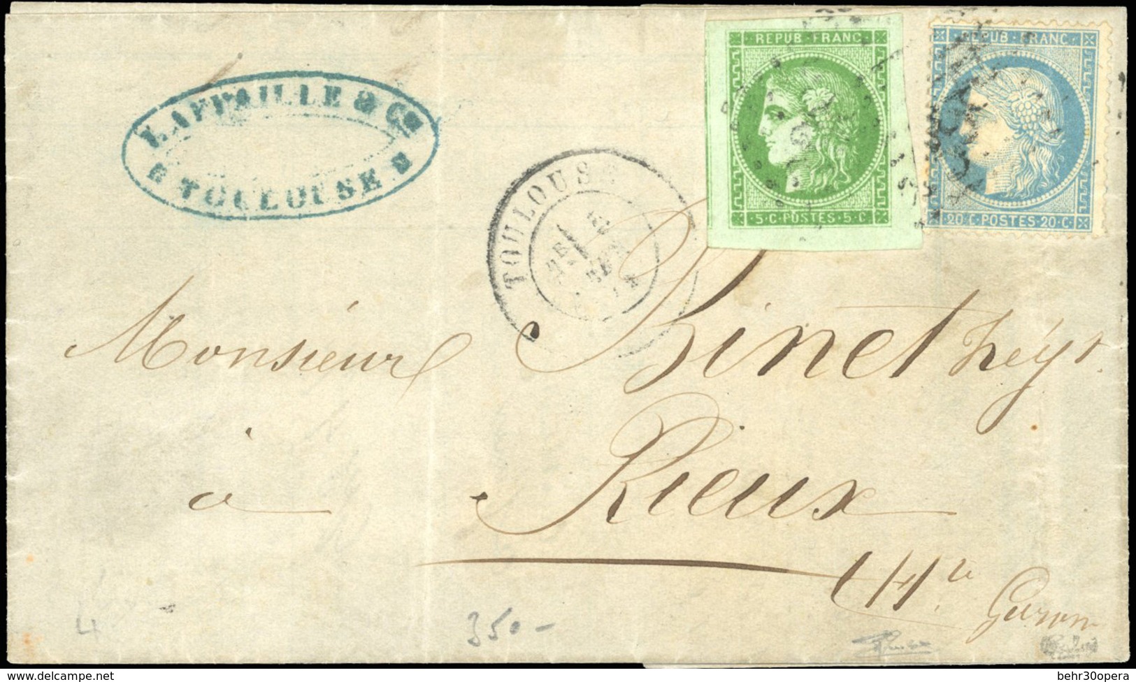 O N°42B+ 37 - 5c. Vert-jaune + 20c. Bleu Obl. Sur Lettre Frappée Du CàD De TOULOUSE Du 4 JUIN 1871 à Destination De RIEU - 1870 Bordeaux Printing