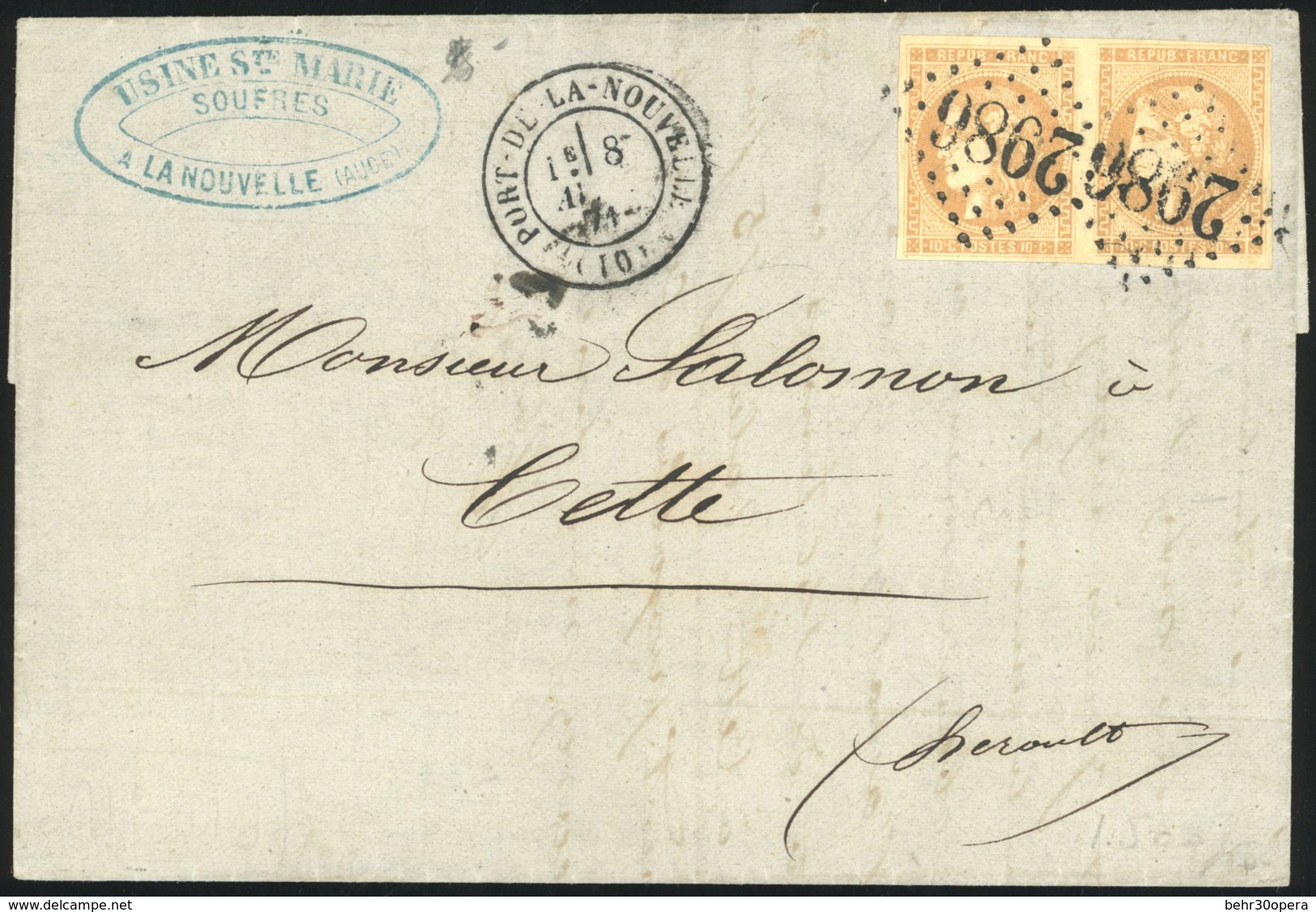 O N°43Ac - Paire Du 10c. Bistre Foncé Obl. GC 2986 S/lettre Frappée Du CàD De PORT-DE-LA-NOUVELLE Du 8 Avril 1871 à Dest - 1870 Uitgave Van Bordeaux