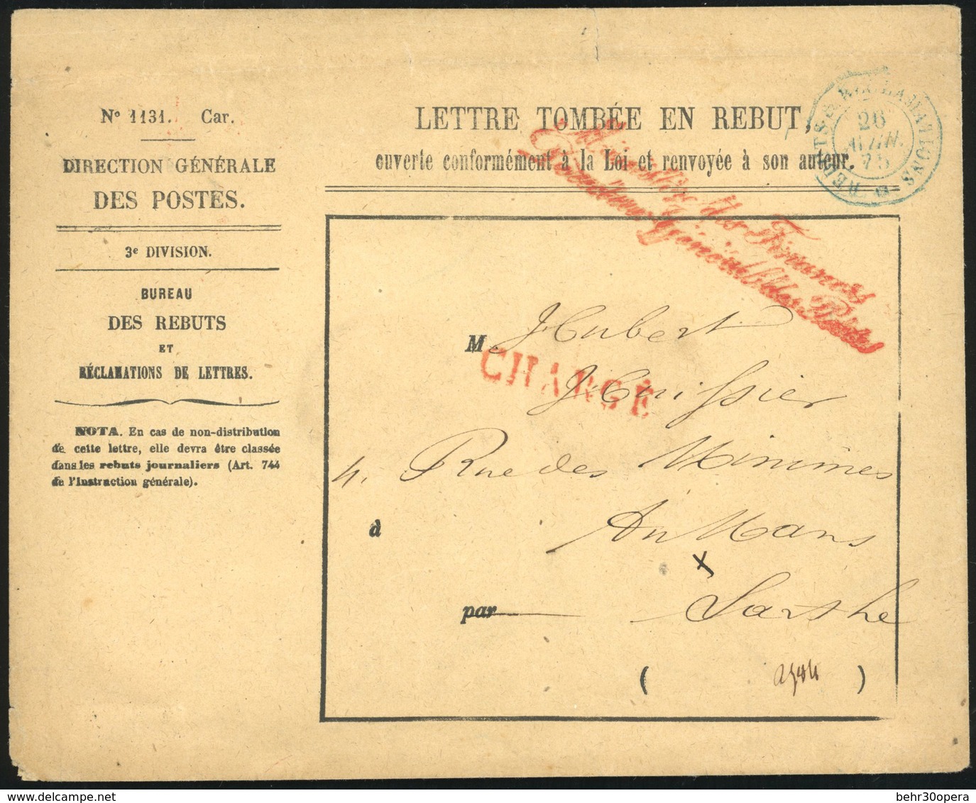 O Enveloppe Chargée ''Lettre Tombé En Rebus'' Frappé Du CàD REBUS ET RECLAMATION Bleu Du 26 Avril 1875 à Destination DU  - 1871-1875 Cérès