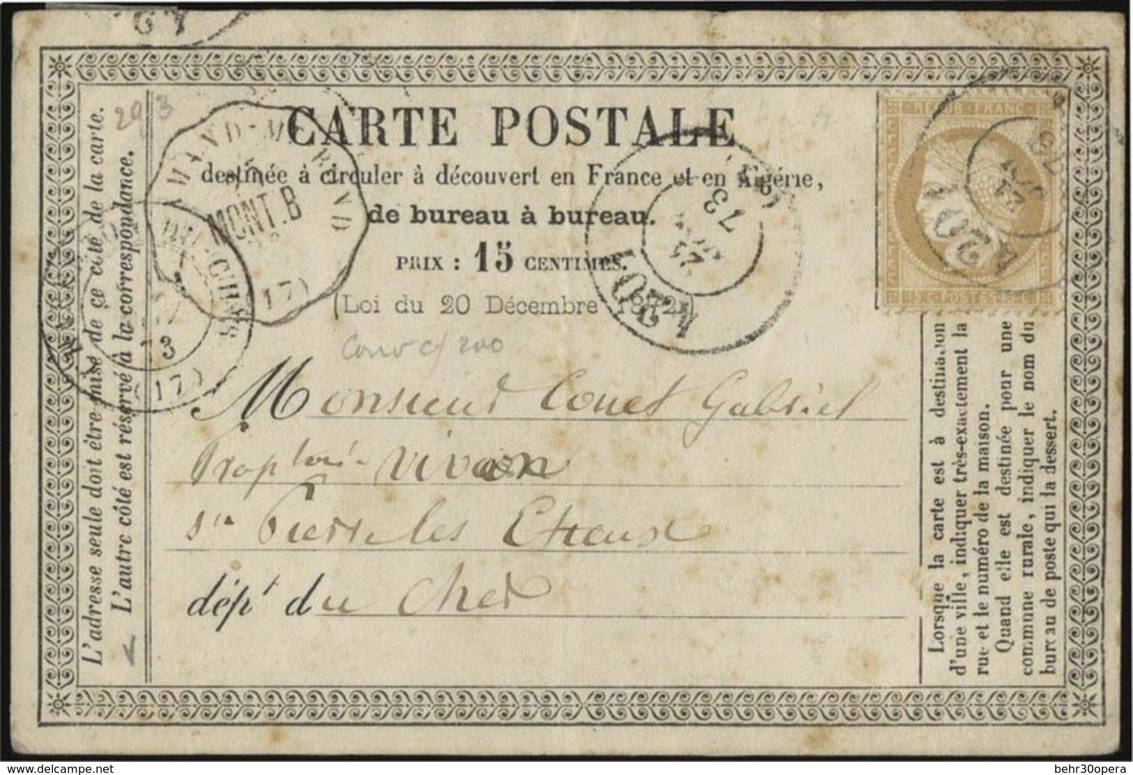 O N°59 - 15c. Bistre Obl. S/carte Postale Du Cachet Du Bureau De Passe ''4201'' (VIERZON) Du 21 Novembre 1873 à Destinat - 1871-1875 Ceres