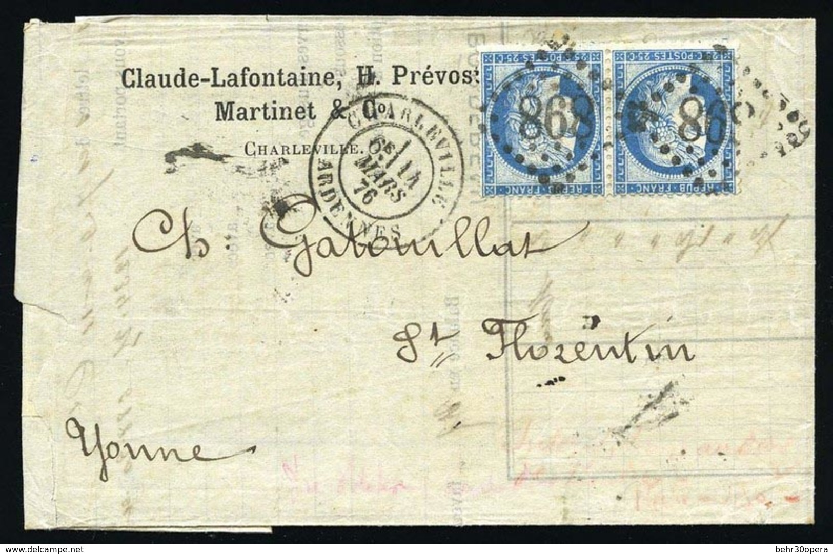 O N°60 - Paire Du 25c. Bleu Obl. GC 898 S/lettre Frappée Du CàD De CHARLEVILLE - ARDENNES Du 14 Mars 1876 à Destination  - 1871-1875 Cérès