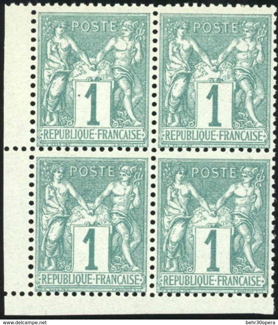 ** N°61 - 1c. Vert. Bloc De 4 Avec Coin De Feuille. SUP. - 1876-1878 Sage (Typ I)