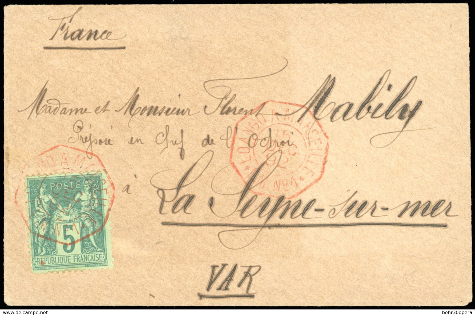 O N°75 - 5c. Vert Obl. S/lettre Frappée Du Cachet Octogonal Rouge De LOANGO A MARSEILLE Du 15 Décembre 1892 à Destinatio - 1876-1878 Sage (Typ I)