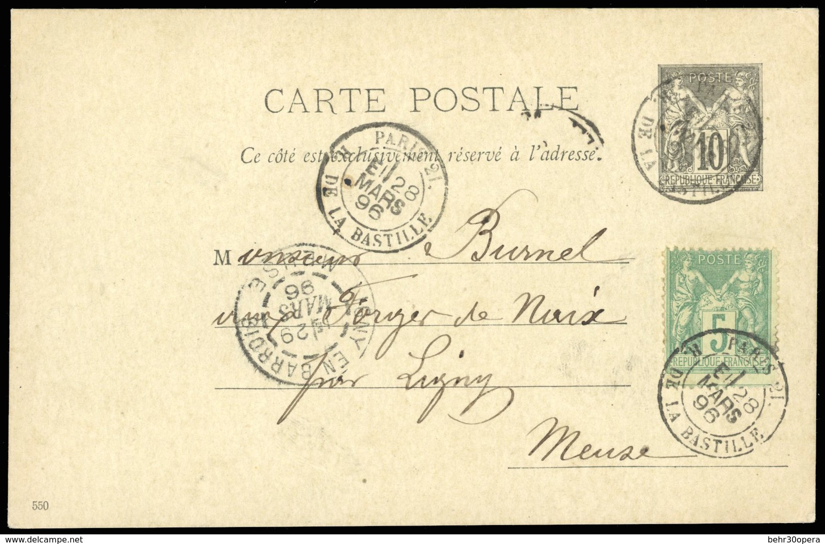 O N°75 - 5c. Vert Obl. S/entier Postal à 10c. Frappé Du CàD De PARIS - PL. DE LA BASTILLE Du 28 Mars 1896 à Destination  - 1876-1878 Sage (Type I)