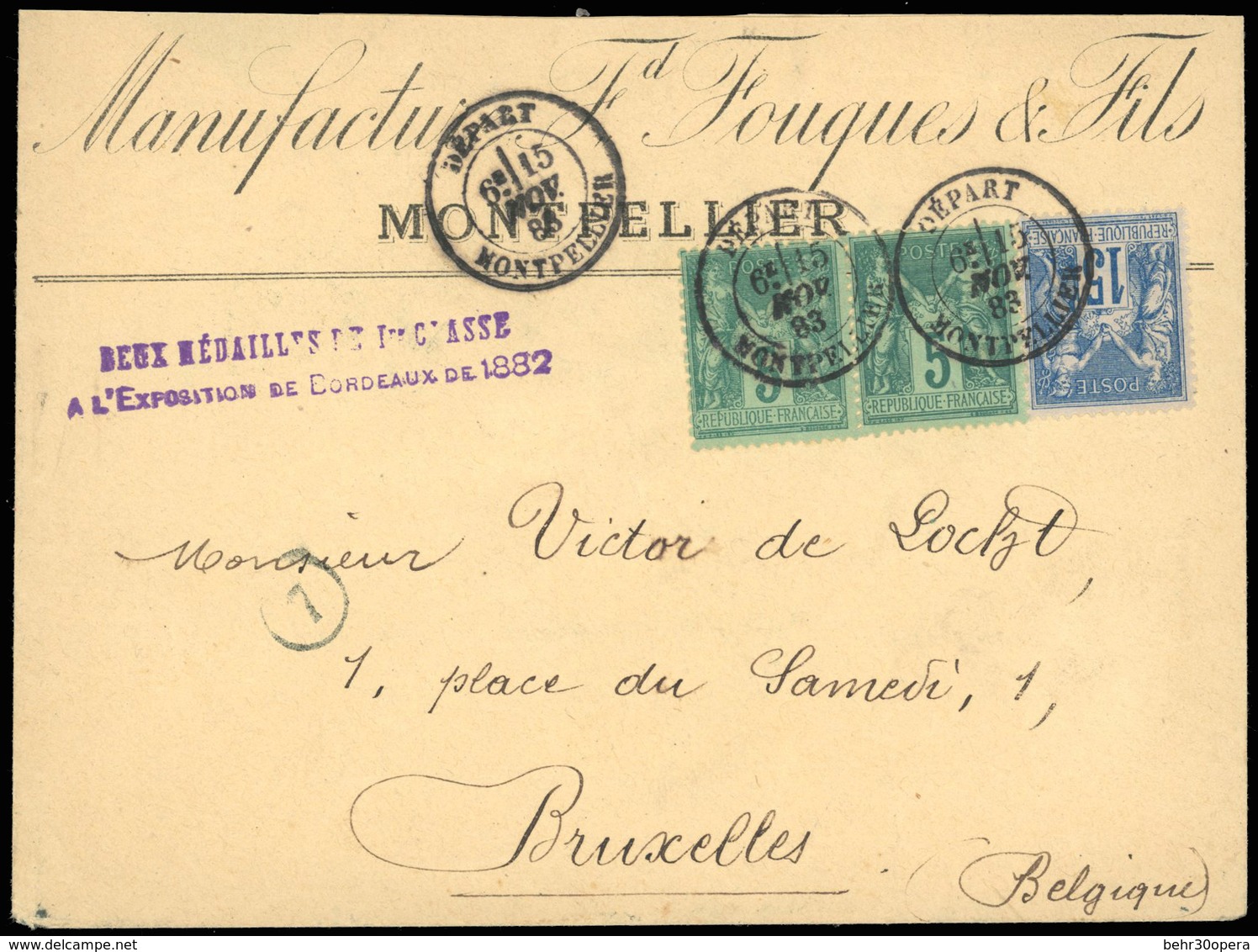 O N°75x 2 + 90 - Paire Du 5c. Vert + 15c. Bleu Obl. S/lettre Frappée Du CàD DEPART - MONTPELLIER Du 15 Novembre 1883 à D - 1876-1878 Sage (Type I)