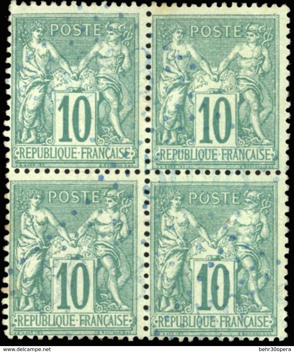 O N°76 - 10c. Vert. Bloc De 4. Obl. Gros Chiffres Bleus. SUP. - 1876-1878 Sage (Type I)