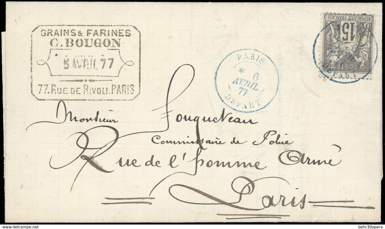 O N°77 - 15c. Gris Obl. S/lettre Frappée Du CàD PARIS-DEPART Avec * Du 6 Avril 1877 à Destination De PARIS. TB. - 1876-1878 Sage (Type I)