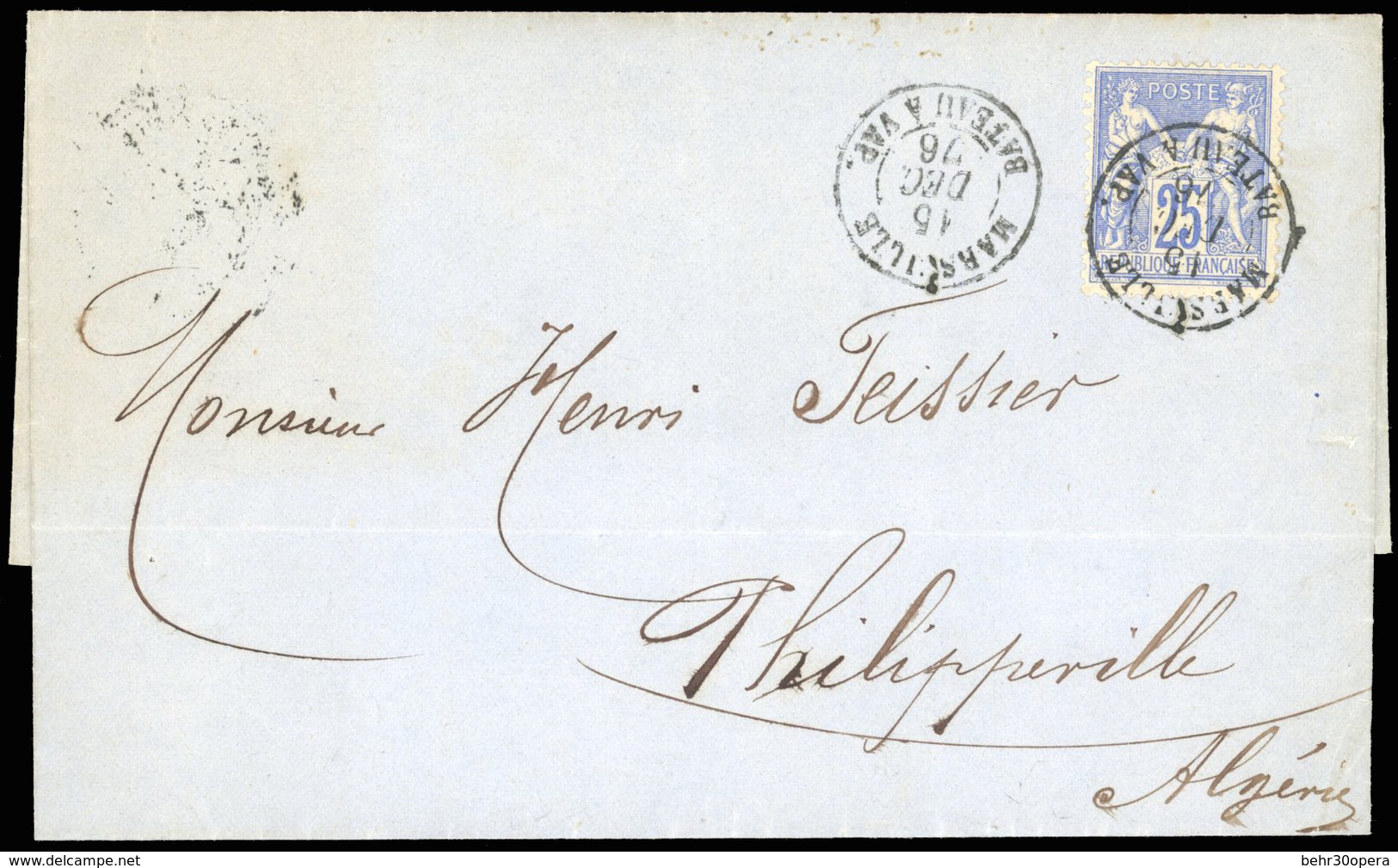 O N°78 - 25c. Bleu Obl. S/lettre Frappée Du CàD De MARSEILLE - BATEAU A VAPEUR Du 15 Décembre 1876 à Destination De PHIL - 1876-1878 Sage (Typ I)
